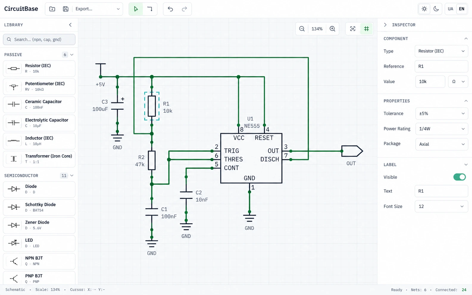 CircuitBase Web CAD editor with a demonstration NE555 pulse generator circuit, component library, and properties inspector.